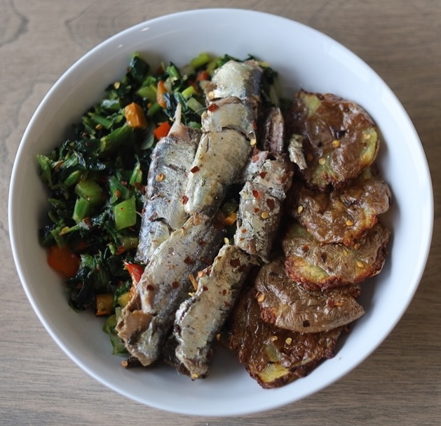 LIN potato and sardine vegetables, grilled smashed potatoes and sardines